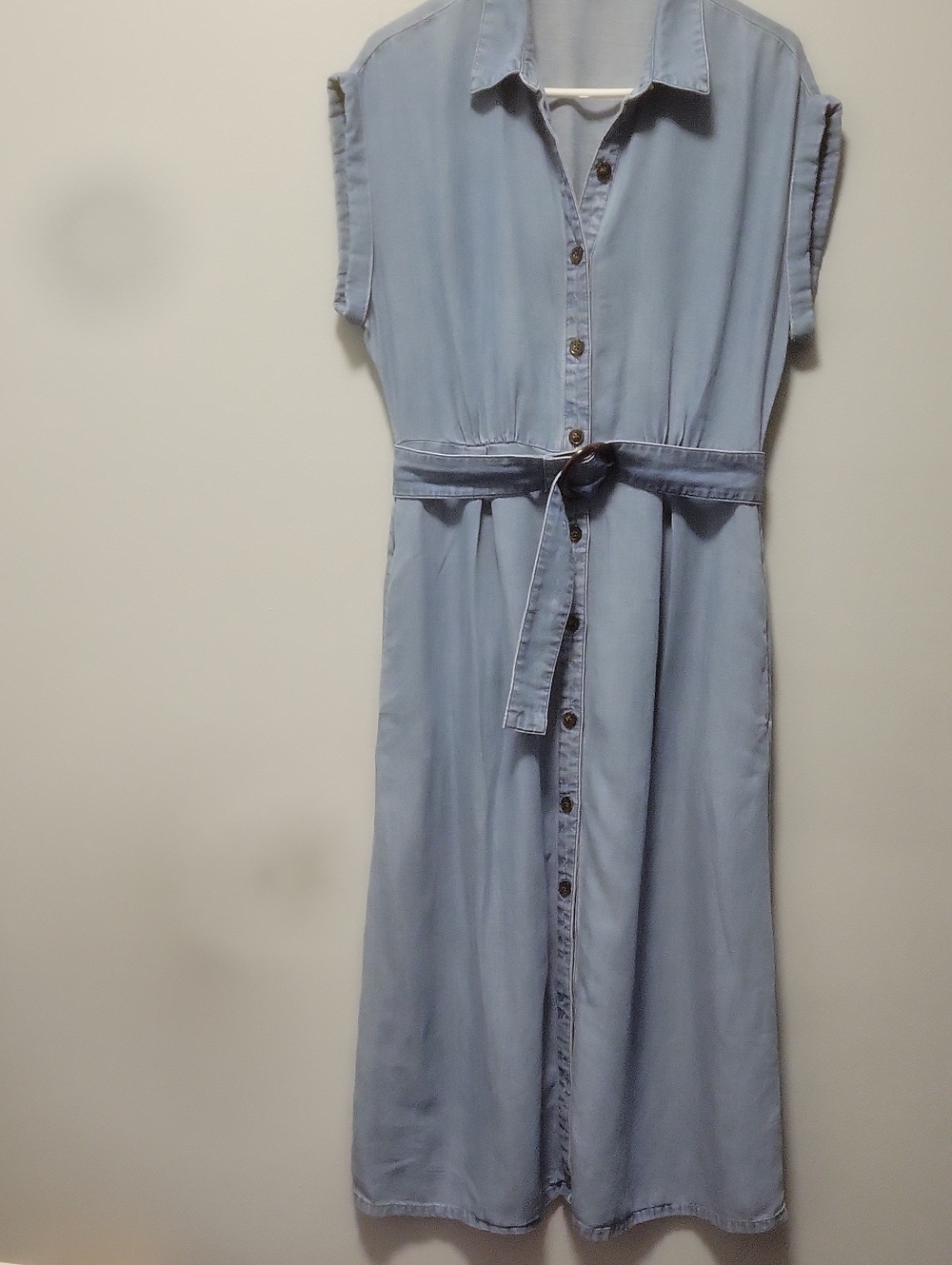 LOFT Light Blue Button-Front Maxi Shirt Dress with Tie Waist